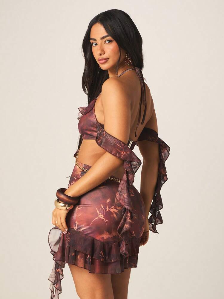 MISSGUIDED Burgundy Floral Print Mini Dress With Ruffle Details Off Shoulder Sleeves Summer Party Cocktail Wrap Style Chiffon Dress