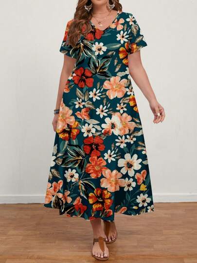 Mellowie 大码女式休闲简约V领短袖长裙，蜡笔质感花卉印花，适合夏季度假