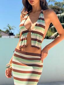 Aloruh 女士春夏度假新款条纹毛衣背心和毛衣裙两件套，带挂脖系带 - 彩色 - 查看 4