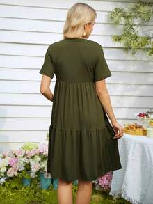 GentleRue Maternity Maternity Solid Color Round Neck Short Sleeve Ruffle Hem Casual Nursing Dress - Army Green - View 2