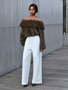 Mima John 女士优雅简约时尚短款棕色斜肩仿皮草大衣，秋冬 - 棕色 - 查看 4