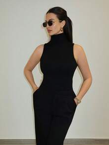 MDEdit 女士秋冬新款高领无袖紧身罗纹黑色背心毛衣，适合日常穿着 - 黑色 - 查看 6