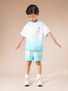 SUMWON 男童夏季渐变色T恤和短裤套装，棕榈树图案印花套装 - 綠色 - 查看 1