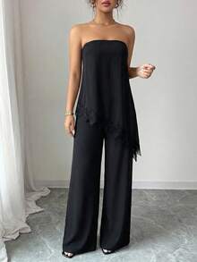 Elenzga Standard Size Women's Spring/Summer Asymmetric Hem Lace Patchwork Elegant Long Suit - Black - View 5