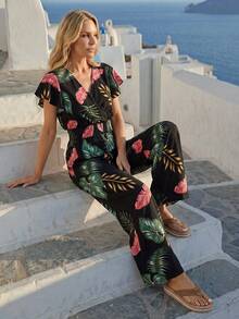 EMERY ROSE Women's Tropical Plant Print Ruffle Sleeve Elegant Jumpsuit - Multicolor - View 5