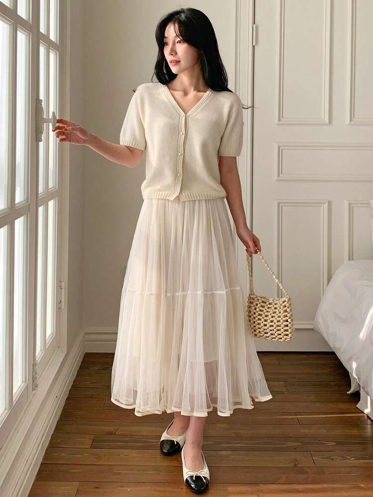Women's Solid Color Elastic Waist Mesh Elegant A-Line Skirt Summer