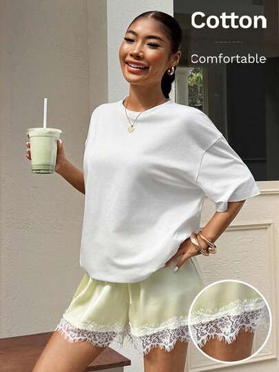 Muchica Women's Summer Casual Solid Color Short Sleeve T-Shirt And Lace Splice Shorts 2-Piece Set