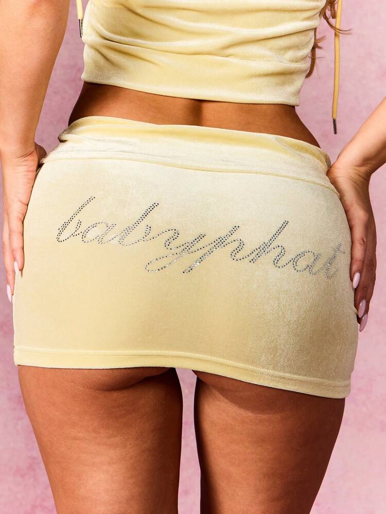 BABYPHAT Women's Velour Fold Over Waist Mini Skirt High Rise Bodycon Summer Casual Cream Yellow Fashion Pencil Skirt With Logo