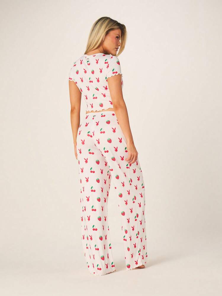 Missguided x Playboy Women's Printed Crop Top And Wide Leg Pajama Set With Bunny Strawberry Cherry Pattern Short Sleeve Summer Sleepwear Loungewear Two Piece Co-Ord Set
