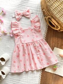 SHEIN Vintaside Kids 女婴、新生儿、婴幼儿、小宝宝、夏季情人节、荷叶边、短袖、吊带款式、可爱粉色水彩条纹爱心图案连衣裙。配有蝴蝶结发带。侧边纽扣设计方便穿脱。梭织面料。A字廓形。适合婚礼、派对、喜庆活动、居家休闲、拍摄满月照等场合。 - 淺粉色 - 查看 3