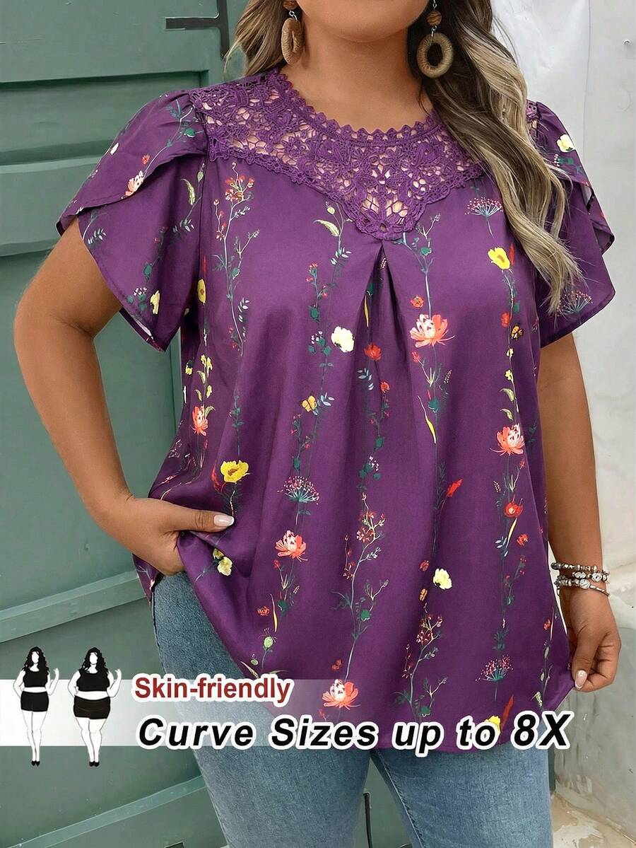 SHEIN CURVE+ 大码女式假日蕾丝花卉印花花瓣短袖衬衫，夏季/乡村/海滩度假装/海滩装/沙滩服饰 - 紫色 - 查看 1