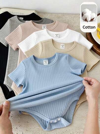 SHEIN 6件套男女宝宝通用新生儿100%纯棉休闲纯色弹力罗纹短袖连体衣套装，易于穿脱，春夏款