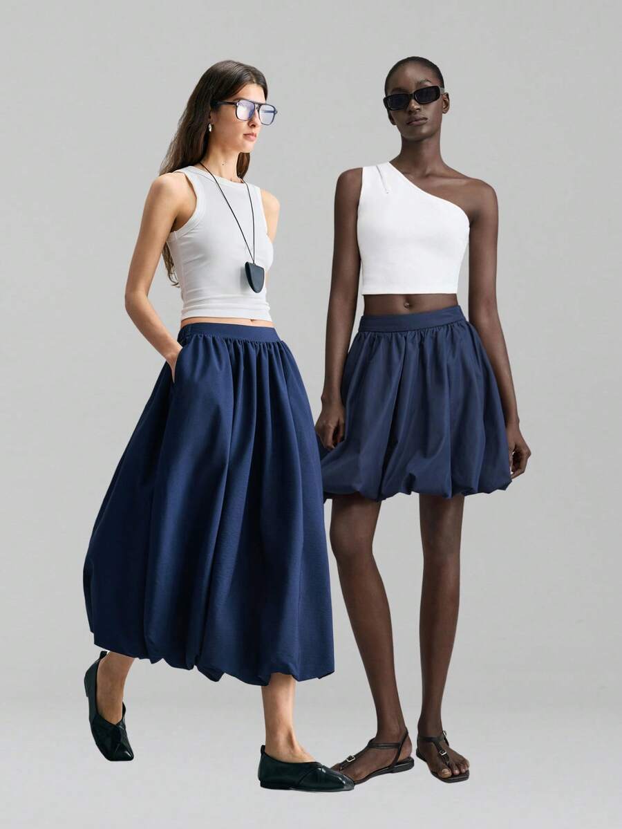 2026春夏新款女式半身裙，时尚纯色泡泡裙，沙滩度假，藏蓝色喇叭裙，夏季，适合海滩、度假、复活节、音乐节、派对、毕业典礼等场合，休闲裙 - 藍色 - 查看 1