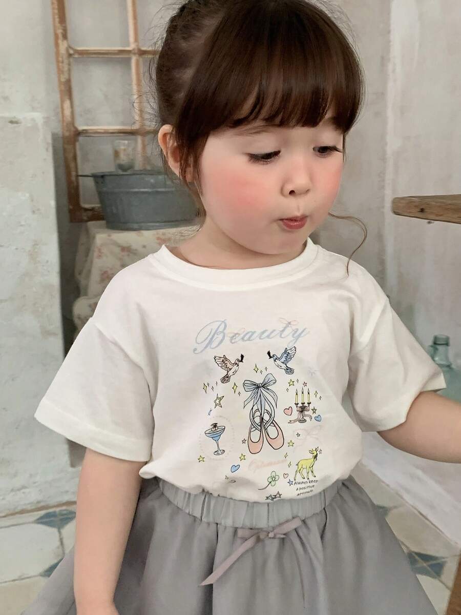 DAZY 女童圆领卡通水彩印花短袖上衣，夏季 - 白色 - 查看 1