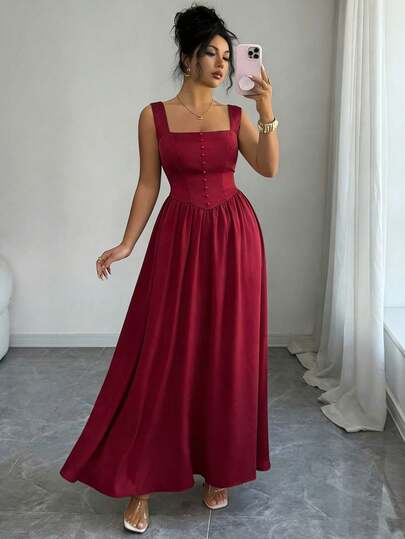 Elenzga Plus Size Women's Summer French Retro Elegant Square Collar Waist A-Line Dress With Pockets, Red Vintage Elegant Holiday Dress