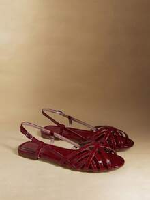 Rosivie 女鞋 户外平底PU轻薄面料交叉绑带设计 时尚简约舒适透气日常沙滩搭扣鞋 - 漆皮 酒紅色 - 查看 3