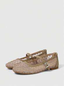 Sleekvia Giày búp bê đế bằng kiểu Mary Jane cổ điển dành cho nữ - Màu be - Xem 10