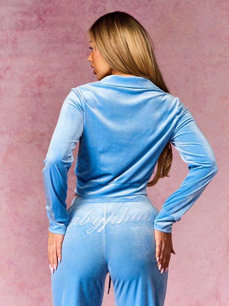 BABYPHAT 라인스톤 트림 깔때기 목 벨벳 지퍼 후드티 자수 텍스트 디테일 럭셔리 트랙수트 상의