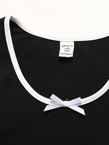 SHEIN Tween Girls' Black Knit Casual Bow Decor Waist Cinched A-Line Short Sleeve Dress, Summer - Black and White - View 7