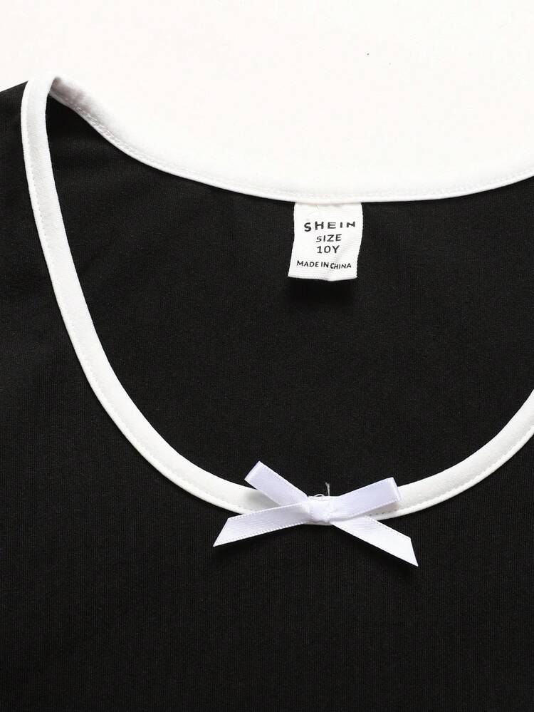 SHEIN 少女黑色针织休闲蝴蝶装饰收腰A字短袖连衣裙，夏季 - 黑與白 - 查看 7