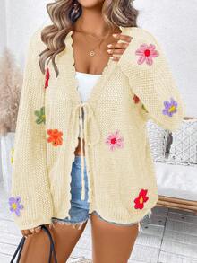 Linhara CURVE Áo khoác cardigan dài tay cổ chữ V khoét lỗ họa tiết hoa, màu trơn, dáng suông, thanh lịch, thích hợp cho nữ cỡ lớn, thích hợp cho kỳ nghỉ xuân/hè, nhẹ nhàng. - Màu be - Xem 4