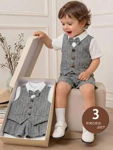 LMoss Kids 3pcs Baby Boy Woven Solid Vest + Knit Solid Casual Shirt + Shorts Gentleman Outfit Set - Multicolor - View 1