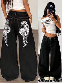 Muchica Women's Black Jeans, Low-Rise Wide-Leg Pants, Angel Wing Pattern On The Back, Y2K Style, Music Festival Outfit, Summer Pants. - Black - View 1
