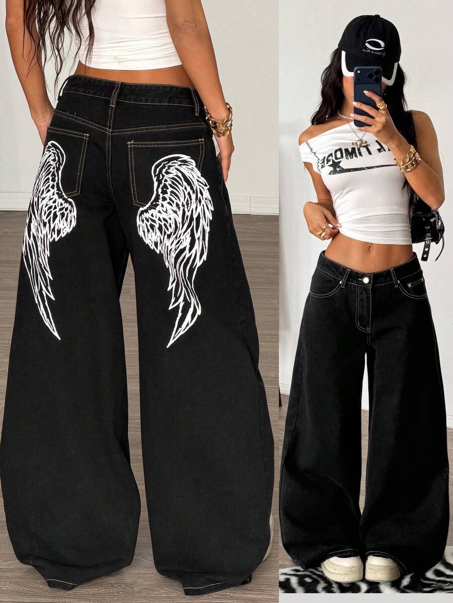 Muchica Women's Black Jeans, Low-Rise Wide-Leg Pants, Angel Wing Pattern On The Back, Y2K Style, Music Festival Outfit, Summer Pants. - Black - View 1