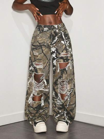 Slaydiva 女士时尚做旧宽松休闲街头风牛仔裤