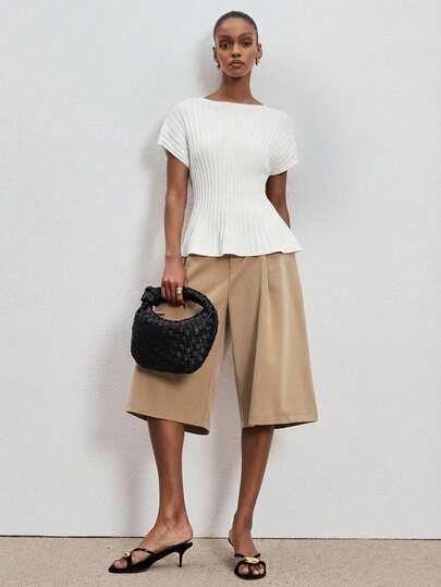 ATUI Studio Women's Apricot Batwing Sleeve Knit Top With Pleated Waist - Short Sleeve Minimalist Sweater, Casual Chic For Office, Wedding Guest & Valentine's Day