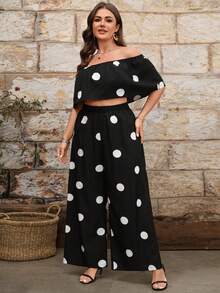 EMERY ROSE Plus Size Women 1-Shoulder Polka Dot Crop Top And Wide Leg Pants 2 Pieces Set - Black - View 6
