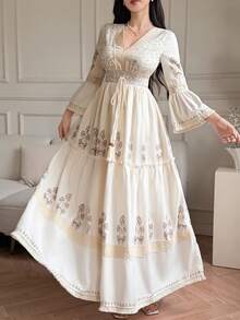 DAZY Women's Vacation Plant Pattern Contrast Lace Flare Sleeve Elegant Dress - Beige - View 4