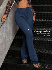 SHEIN Tall 女士中腰休闲口袋修身喇叭牛仔裤 - 深色水洗藍 - 查看 5