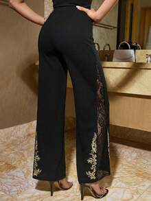 Ellevyn 黑色撞色蕾丝水钻装饰半透明开衩修身直筒女裤，时尚百搭 - 黑色 - 查看 9