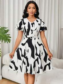 Lunelith SHEIN Lunessa Women's Ruffle Sleeve Allover Print V-Neck Tie Waist A-Line Short Sleeve Dress - Multicolor - View 3