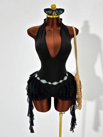 Mistrie Sexy Halter Jumpsuit, Deep V Backless Design, Mesh Ruffle Asymmetrical Hem, Slim Fit Bodycon Style