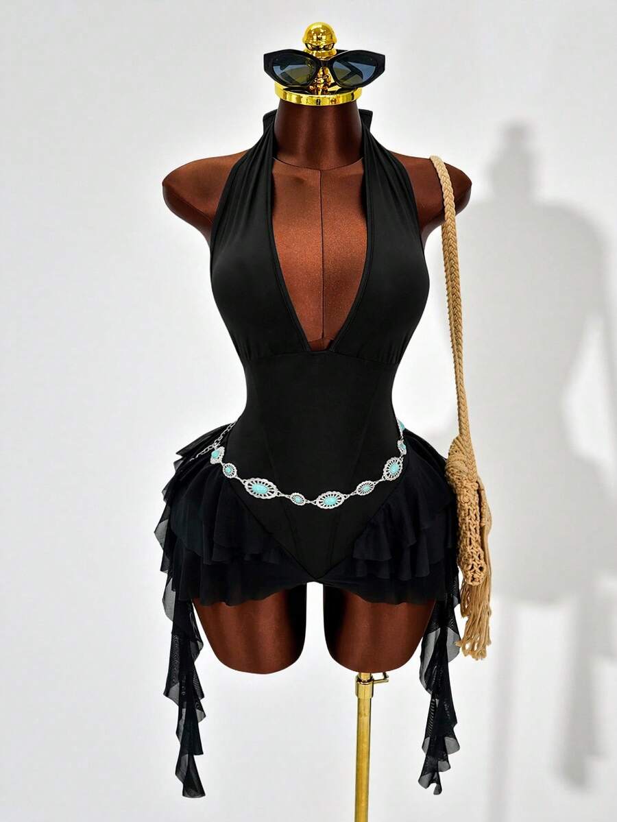 Mistrie Mono sexy de cuello halter, diseño de espalda profunda y sin espalda, dobladillo asimétrico con volantes de malla, estilo ajustado y ceñido al Body - Negro - Ver 1