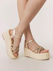 Styleloop Ladies, Straw Rope, Buckles, Lame-Heeled Platform Sandals, Vacation Atmosphere, Summer Wear, Travel Essentials - Rose Gold - View 7