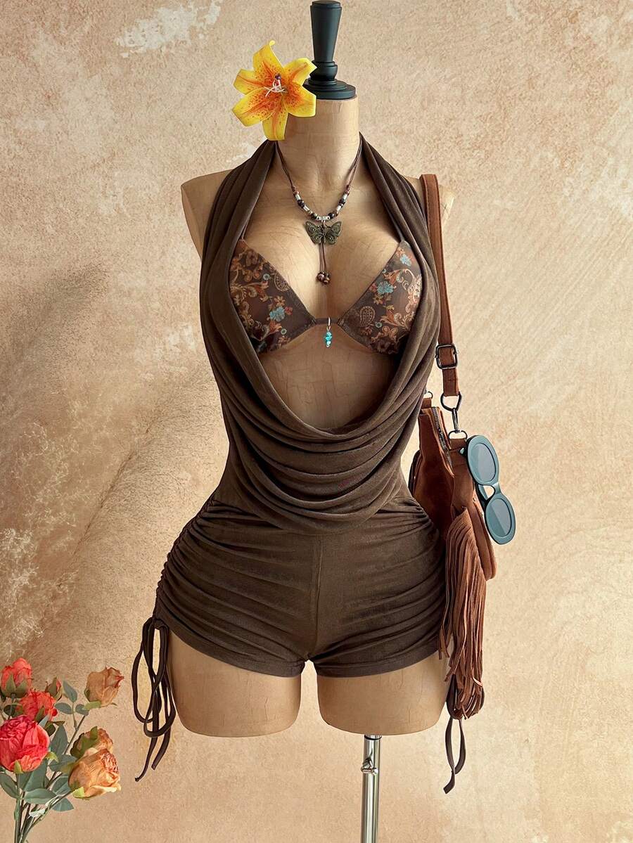 Soleia Bộ áo liền quần kiểu vintage mới, cổ xếp ly, họa tiết hoa paisley phối nhiều mảnh, kết hợp quần short và dây rút, thích hợp cho tiệc tùng, hẹn hò, hộp đêm, bãi biển, du thuyền, trà chiều, phong cách boho, kỳ nghỉ, trang phục mùa thu dành cho nữ, kiểu vintage. - màu nâu - Xem 1