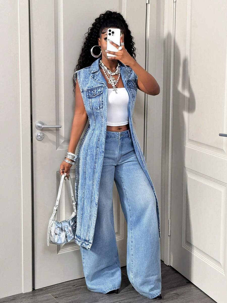 BamGleam Đầm denim dài tay dáng casual dành cho nữ, thích hợp mặc hàng ngày hoặc đi hẹn hò. - Rửa trung bình - Xem 1