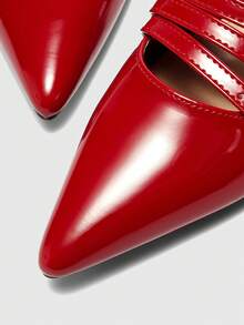 CUCCOO BIZCHIC Bombas de tacón cuadrado grueso con punta cuadrada de cuero patentado rojo para mujer, diseño de 4 correas, adecuado para atuendo de trabajo - Burdeos - Ver 3