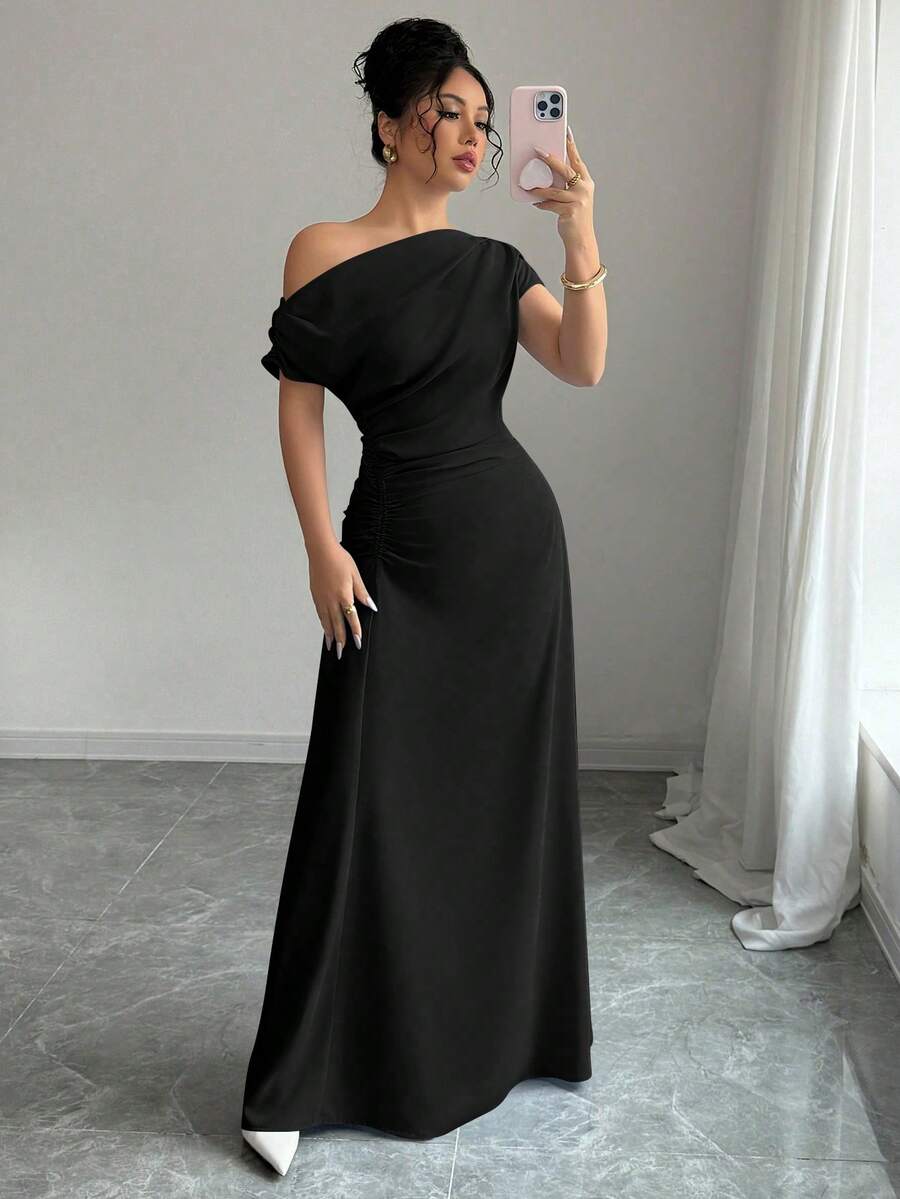 Elenzga Elegant Solid Color Asymmetrical Shoulder Ruched Waist Dress - Black - View 1