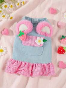 PETSIN 1件猫/狗通用服装，立体毛绒耳朵草莓吊带裙，春季时尚宠物服装 - 粉色 - 查看 2