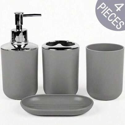 4 Pieces Bathroom Accessory Set Luxury Bath Accessories Plastic & Stainless Steel Bath Set Lotion Bottles,Toothbrush Holder,Tooth Mug,Soap Dish,Birthday, Housewarming,Holiday Gift Set,Christmas Gift Set ( Black,White,Gray, Beige) Bathroom Accessories Bathroom Tools