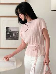 DAZY 女士休闲纯色收腰衬衫，夏季 - 粉色 - 查看 4