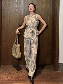 DAZY Women's Casual Floral Print Waist Belt Camisole And Wide Leg Pants 2 Pieces Set, Spring/Summer - Grey - View 6