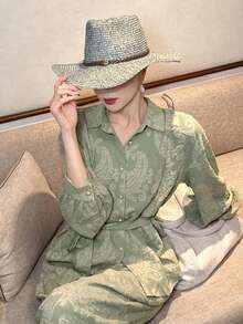 DAZY Women's Casual Floral Print Belted Shirt And Wide Leg Pants 2-Piece Set, Spring/Summer - Green - View 1