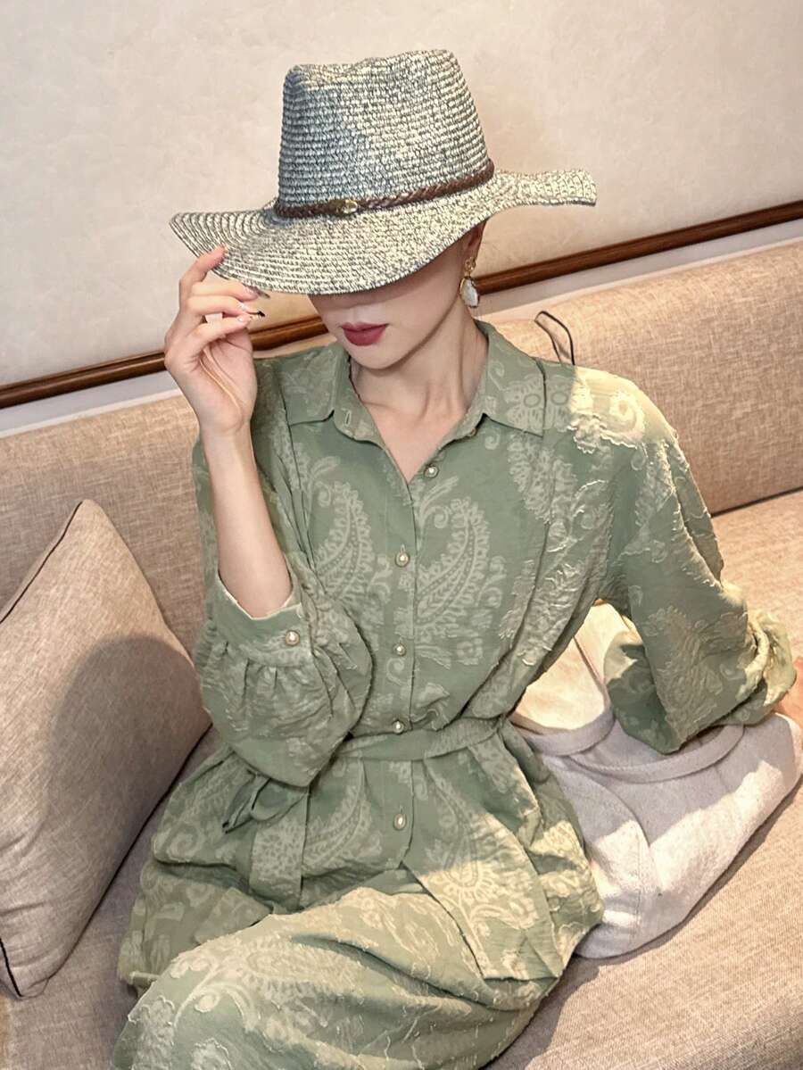 DAZY Women's Casual Floral Print Belted Shirt And Wide Leg Pants 2-Piece Set, Spring/Summer - Green - View 1