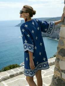 Breezaya 女士夏季度假休闲提花连衣裙 - 藍色 - 查看 2