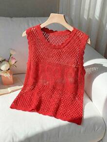 GlowEve CURVE Áo vest dệt kim khoét lỗ họa tiết hoa 3D dễ thương, trang trí trái tim đỏ, phong cách lãng mạn đầu xuân dành cho nữ, thích hợp cho ngày Valentine. - Đỏ - Xem 2